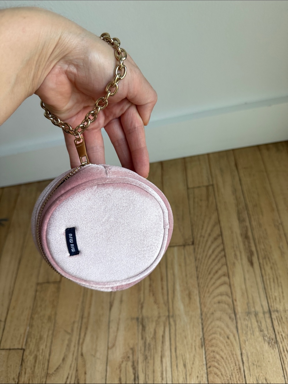 Miu Miu Blush Pink Velvet Round Pouch with Gold Chain